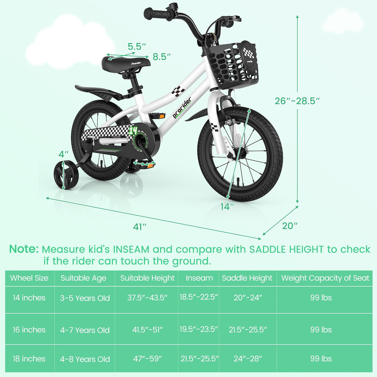 14 Inch Kids Bike with 2 Training Wheels for 3-5 Years Old-Black & White view 4