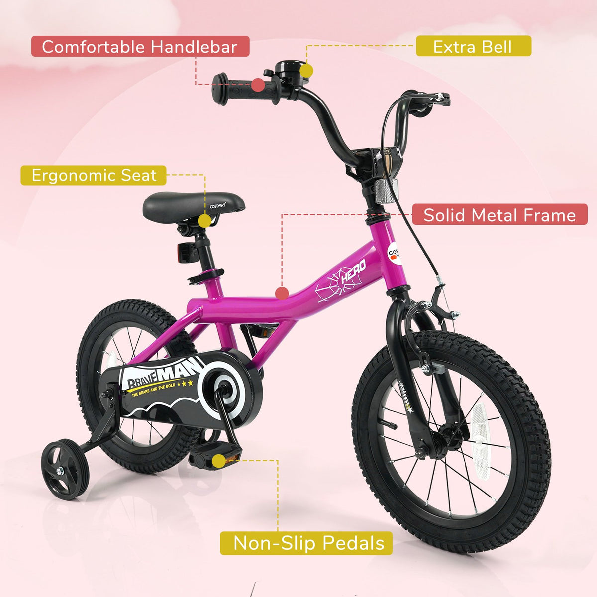 14-Inch Kids Bike with Removable Training Wheels Pink-Brave Hero view 5