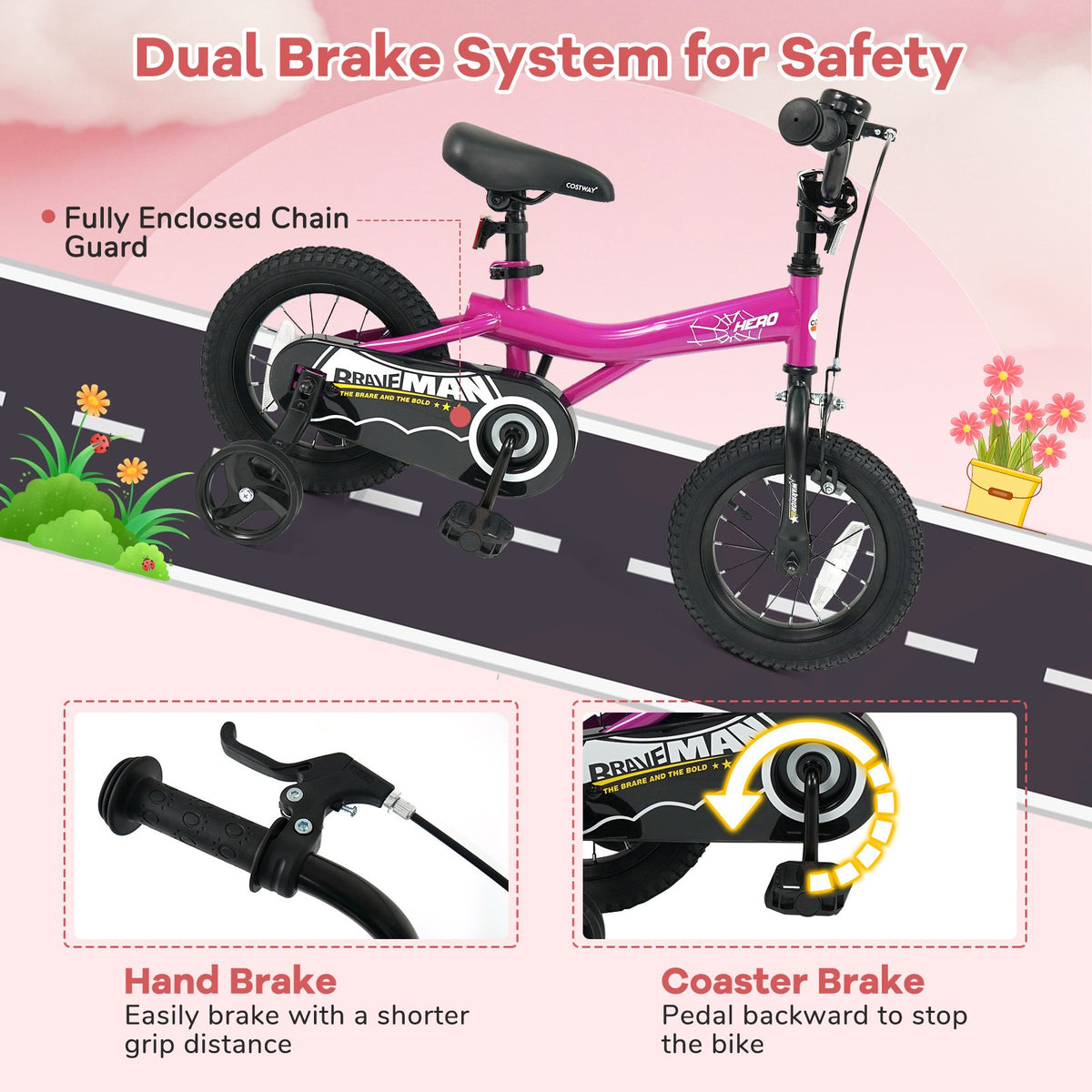 14-Inch Kids Bike with Removable Training Wheels Pink-Brave Hero view 8