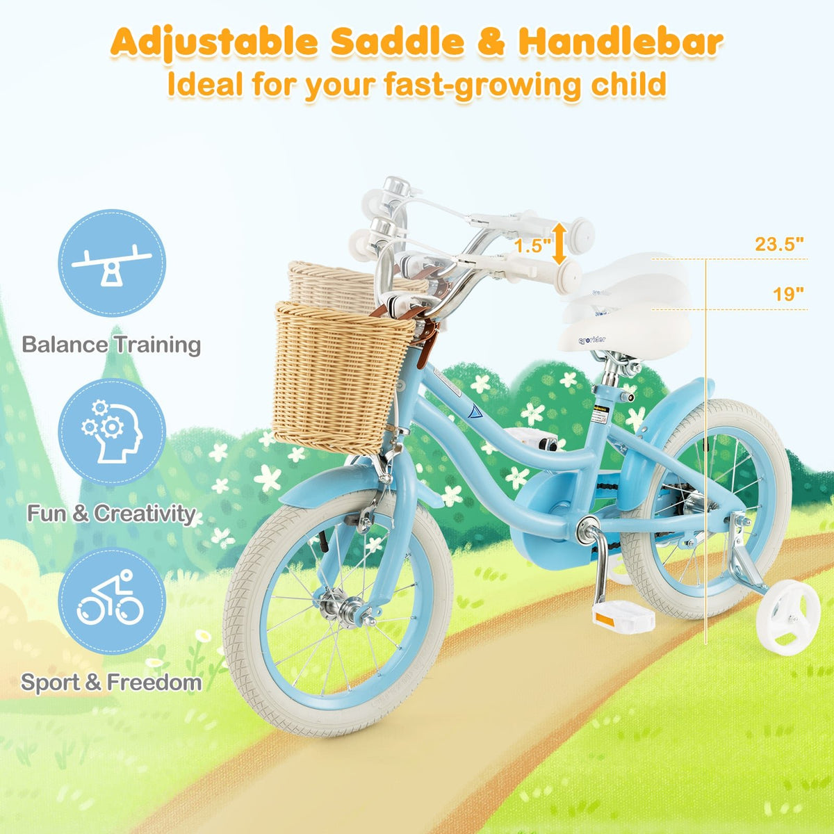 14-Inch Kids Bike with Training Wheels and Adjustable Handlebar Seat-Blue view 6