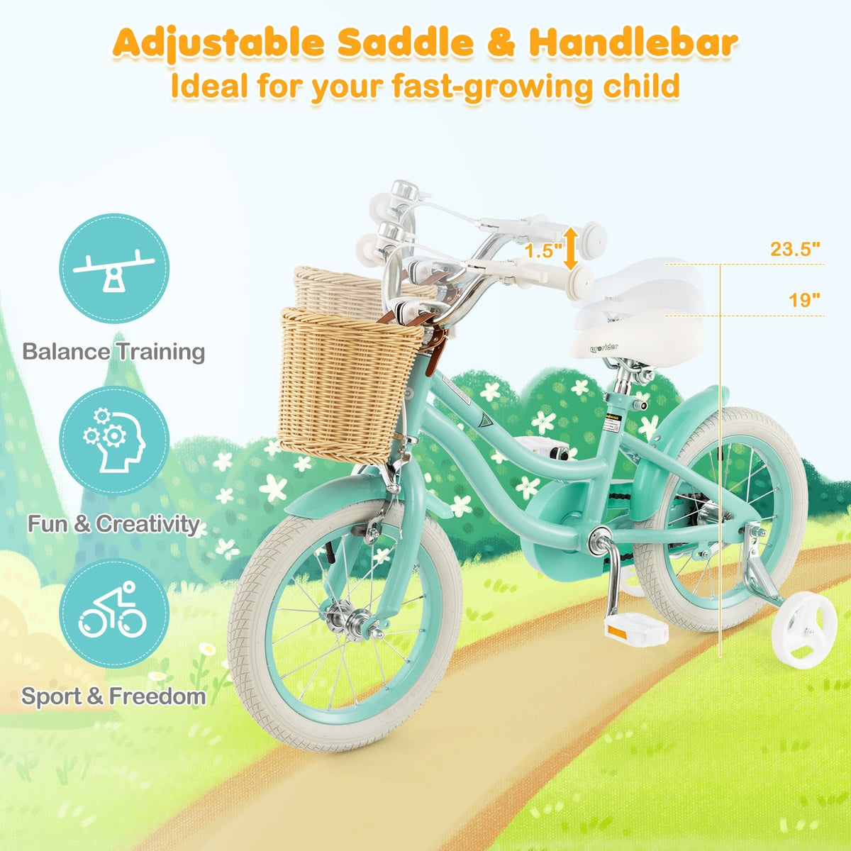14-Inch Kids Bike with Training Wheels and Adjustable Handlebar Seat-Green view 6