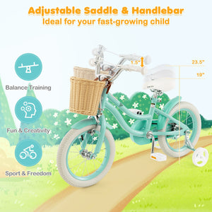 14-Inch Kids Bike with Training Wheels and Adjustable Handlebar Seat-Green view 6