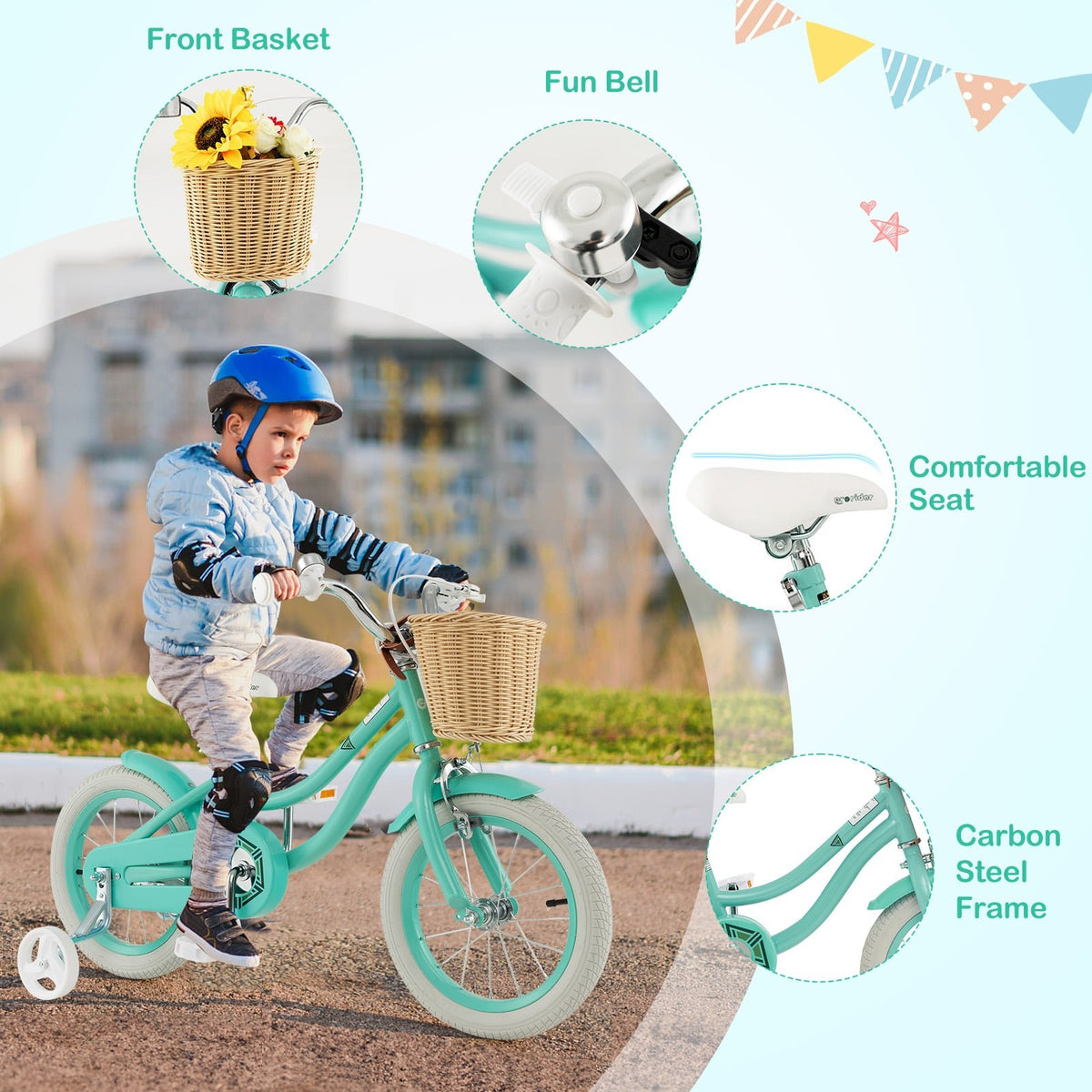 14-Inch Kids Bike with Training Wheels and Adjustable Handlebar Seat-Green view 9