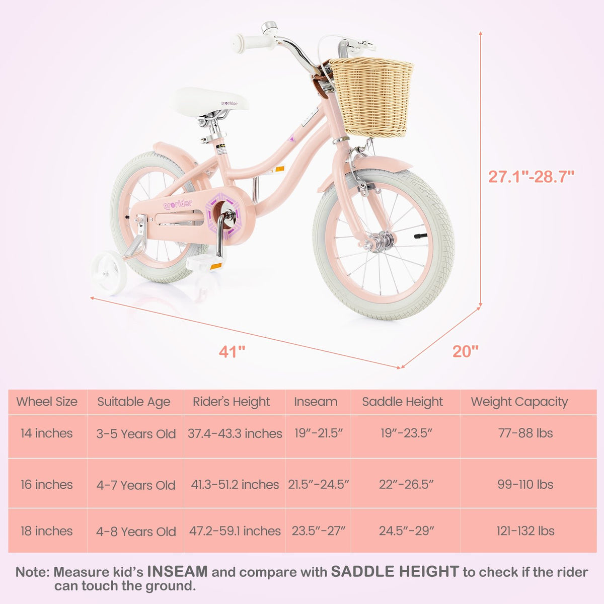 14-Inch Kids Bike with Training Wheels and Adjustable Handlebar Seat-Pink view 5