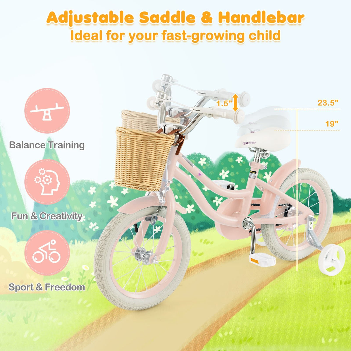 14-Inch Kids Bike with Training Wheels and Adjustable Handlebar Seat-Pink view 6