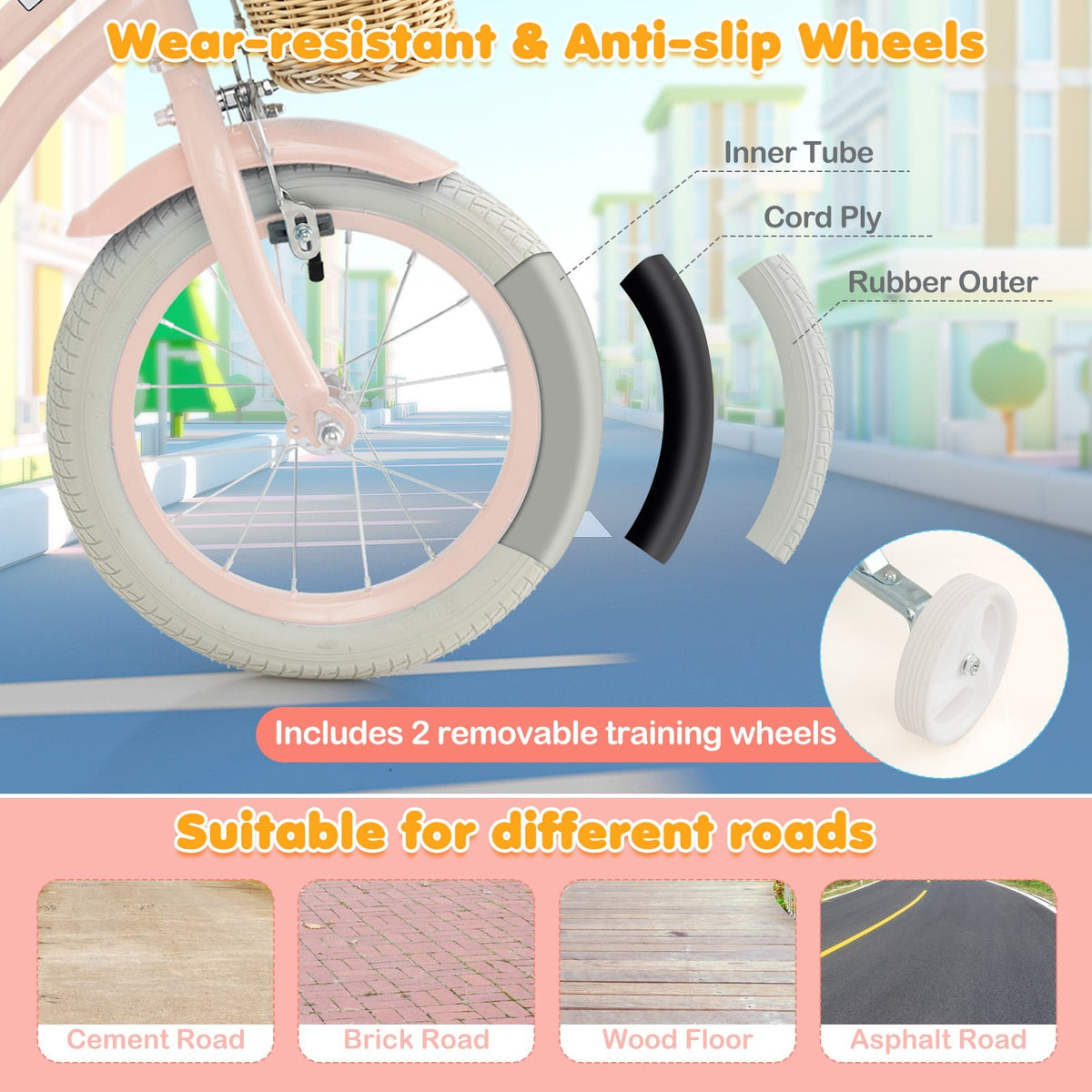 14-Inch Kids Bike with Training Wheels and Adjustable Handlebar Seat-Pink view 8