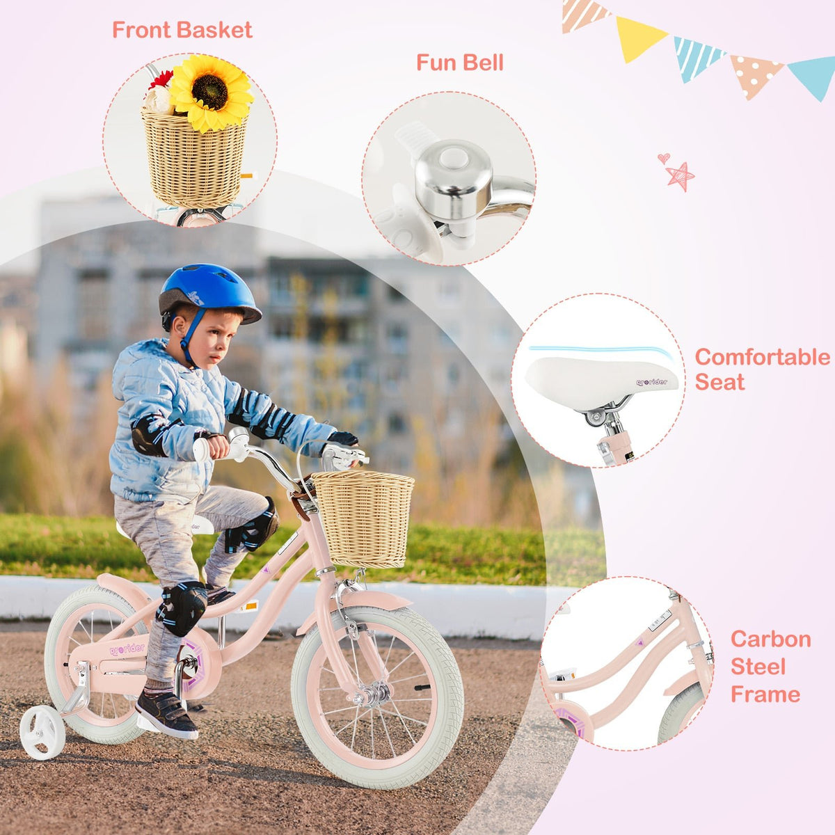 14-Inch Kids Bike with Training Wheels and Adjustable Handlebar Seat-Pink view 9