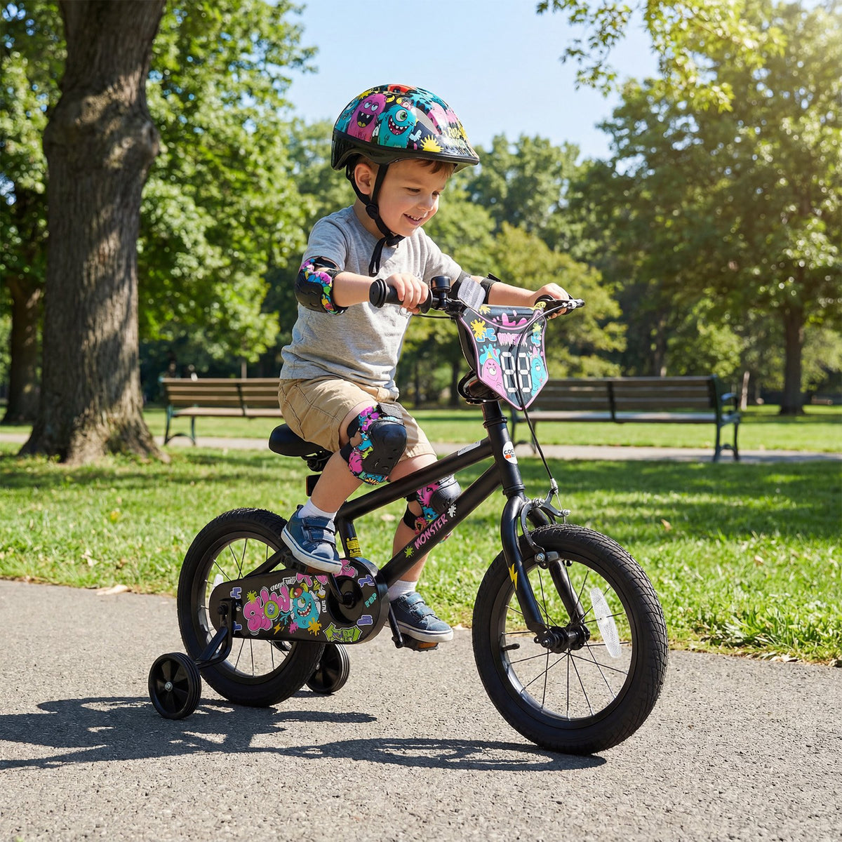 14 Inch Kids Bike with Training Wheels for Ages 3-5 Years Old Black- Street Art Time view 2