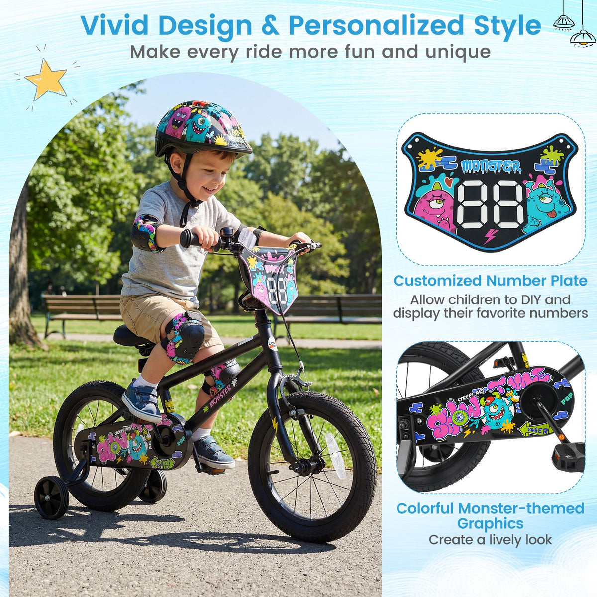 14 Inch Kids Bike with Training Wheels for Ages 3-5 Years Old Black- Street Art Time view 7