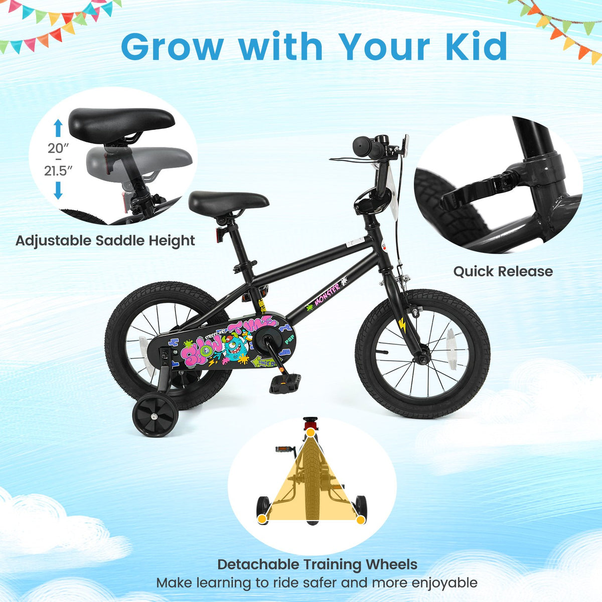 14 Inch Kids Bike with Training Wheels for Ages 3-5 Years Old Black- Street Art Time view 9