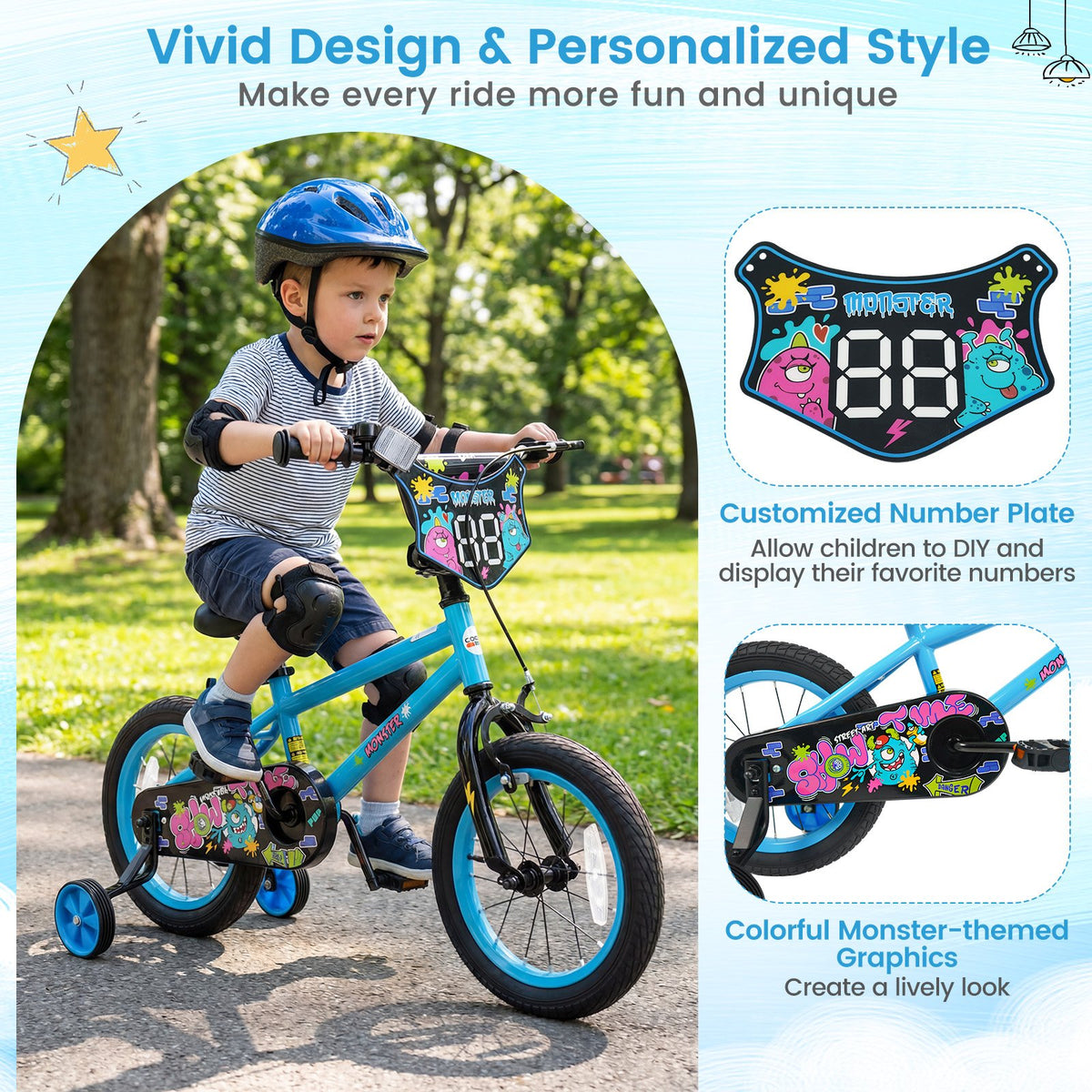 14 Inch Kids Bike with Training Wheels for Ages 3-5 Years Old Blue- Street Art Time view 7