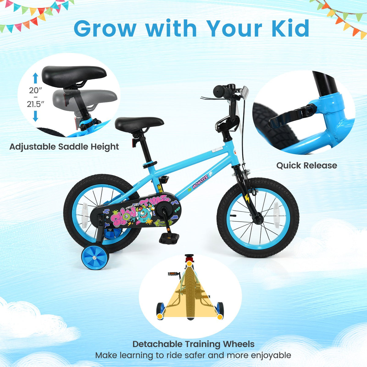 14 Inch Kids Bike with Training Wheels for Ages 3-5 Years Old Blue- Street Art Time view 9