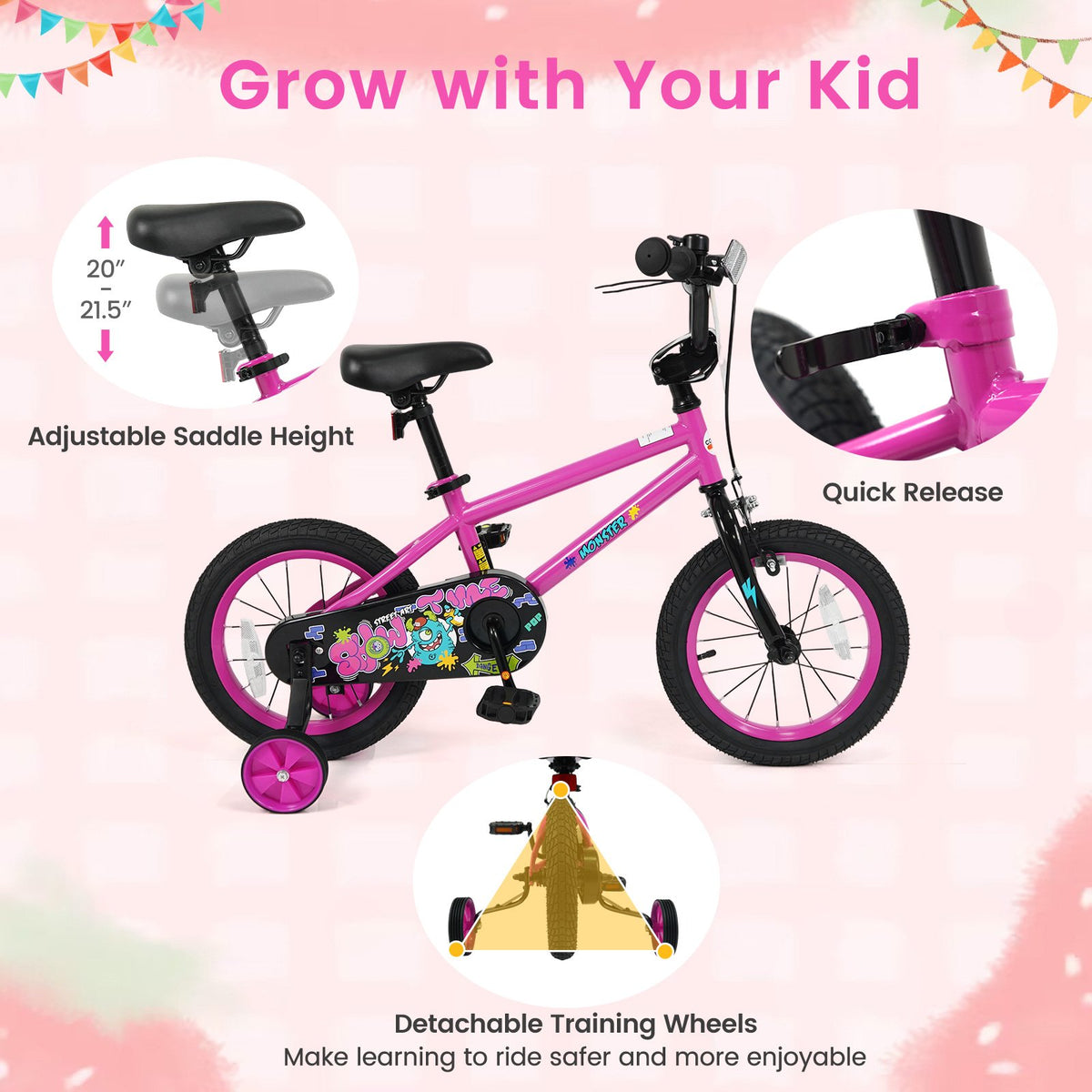 14 Inch Kids Bike with Training Wheels for Ages 3-5 Years Old Pink- Street Art Time view 7