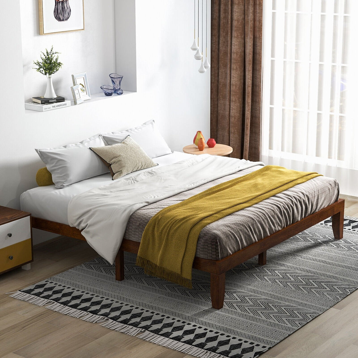 14 Inch King Size Rubber Wood Platform Bed Frame with Wood Slat Support-Walnut view 2