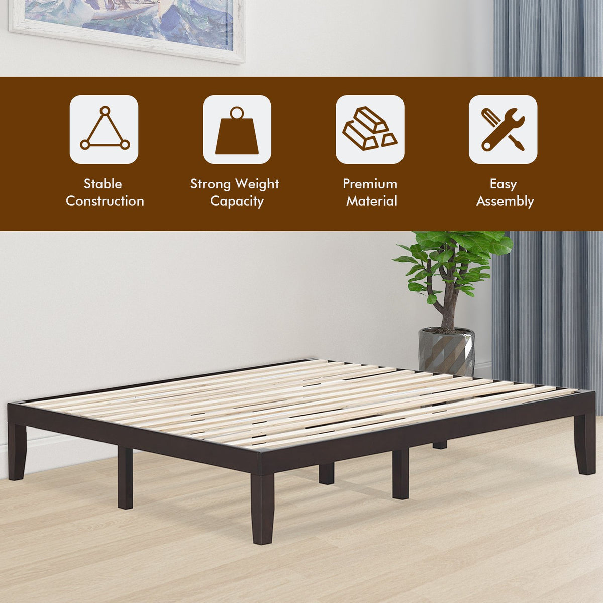 14 Inch King Size Wood Platform Bed Frame-Brown view 7