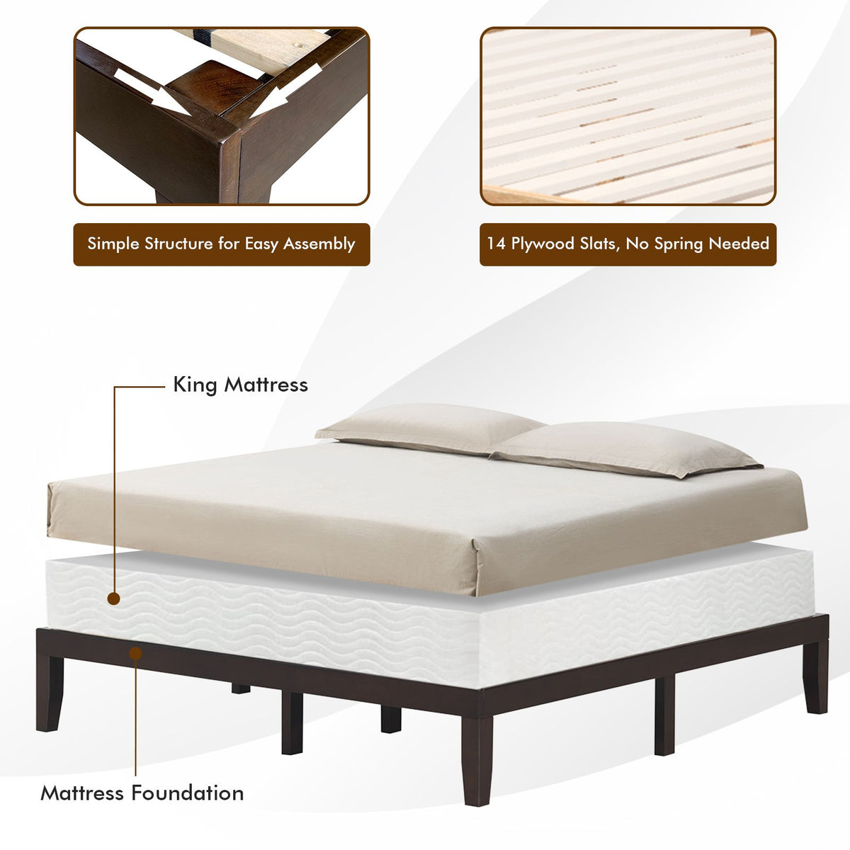 14 Inch King Size Wood Platform Bed Frame-Brown view 9