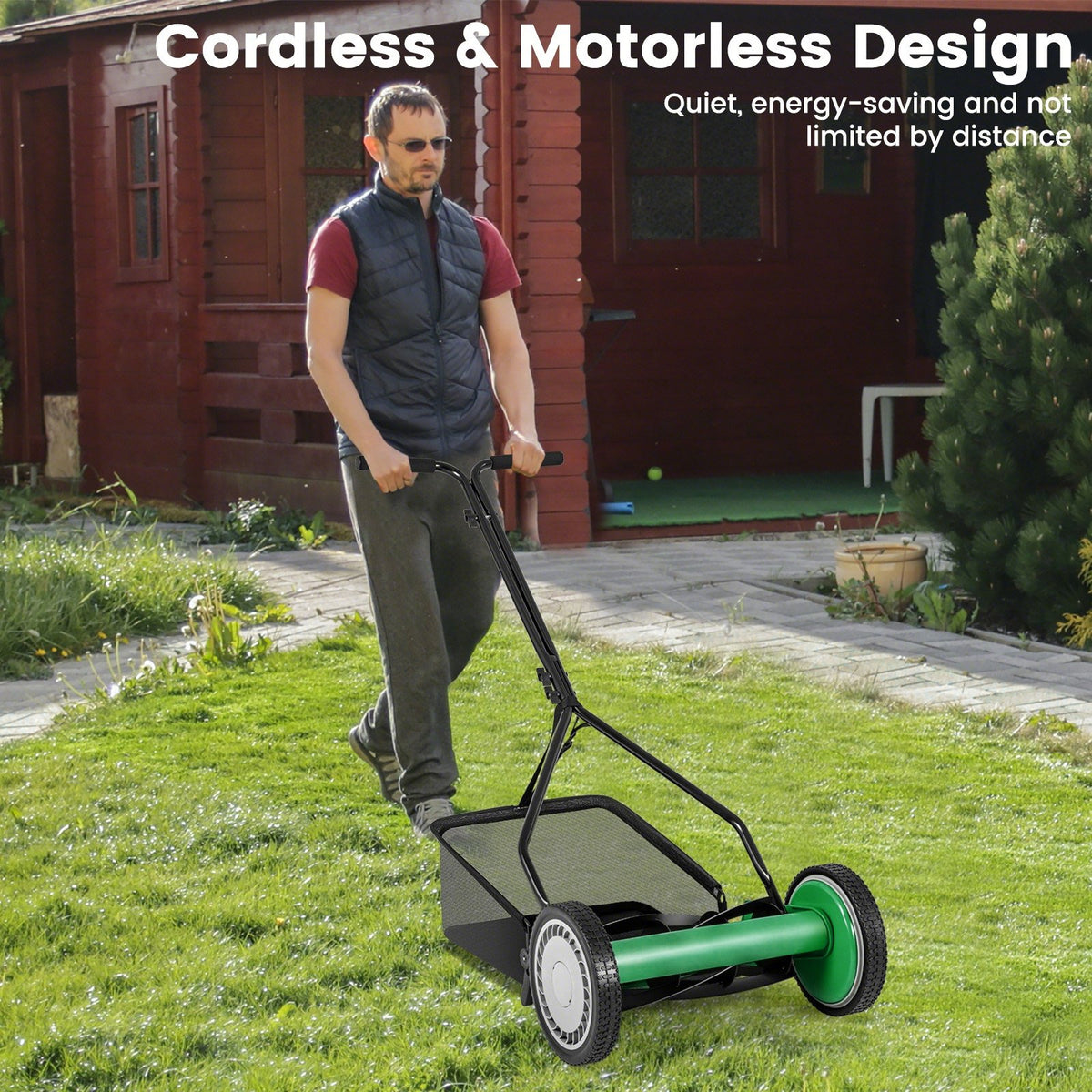 14 Inch Push Lawn Mower with 5 Steel Blades and Grass Catcher Bag-Green view 3