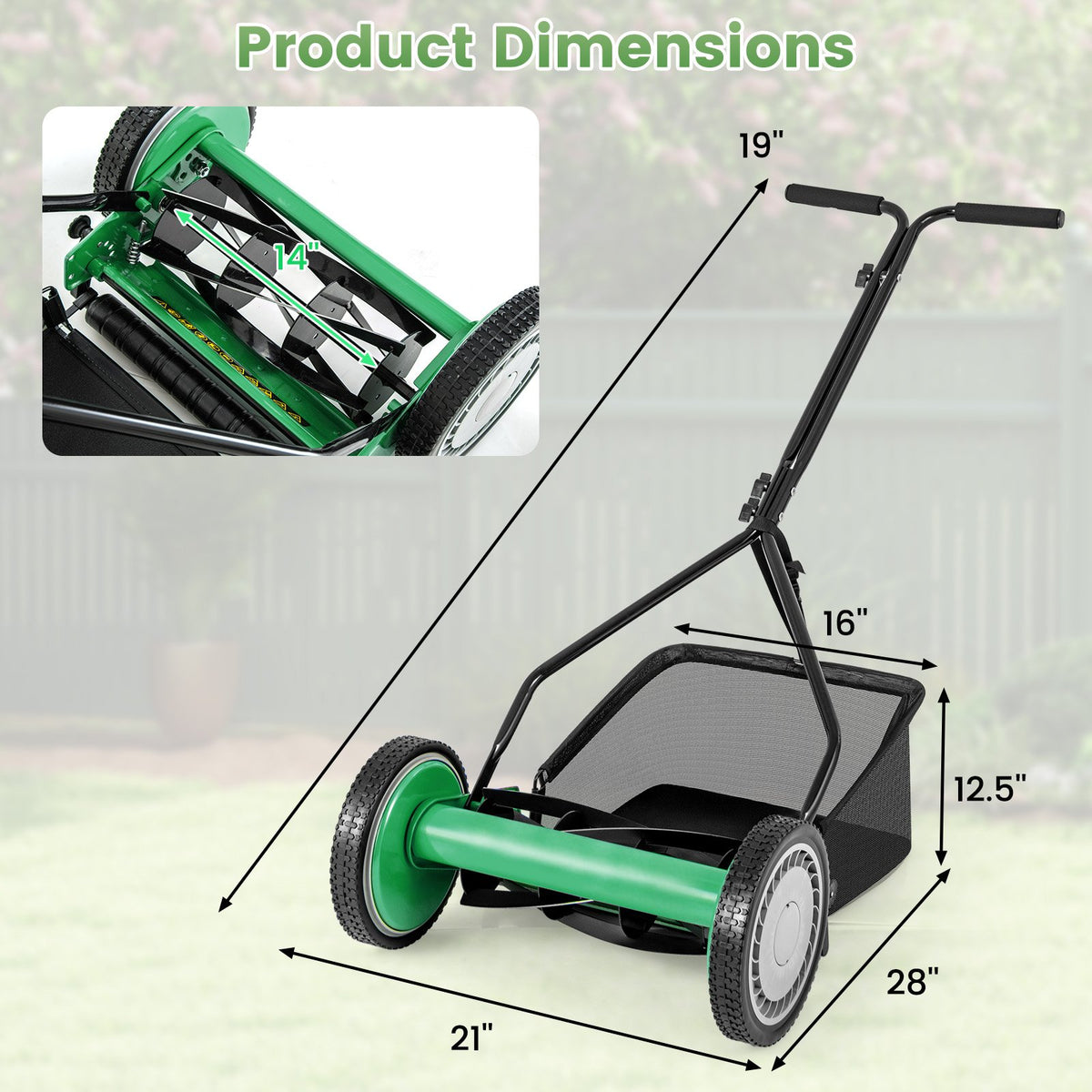 14 Inch Push Lawn Mower with 5 Steel Blades and Grass Catcher Bag-Green view 4