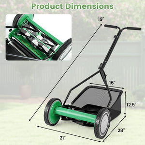 14 Inch Push Lawn Mower with 5 Steel Blades and Grass Catcher Bag-Green view 4