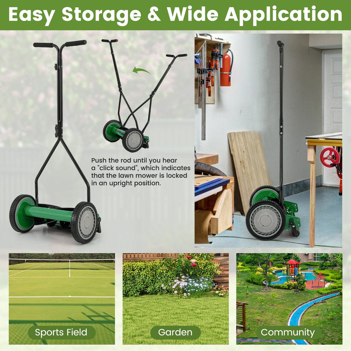 14 Inch Push Lawn Mower with 5 Steel Blades and Grass Catcher Bag-Green view 6