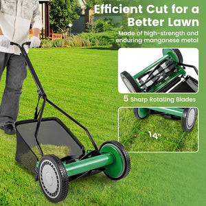 14 Inch Push Lawn Mower with 5 Steel Blades and Grass Catcher Bag-Green view 9