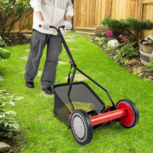 14 Inch Push Lawn Mower with 5 Steel Blades and Grass Catcher Bag-Red view 2