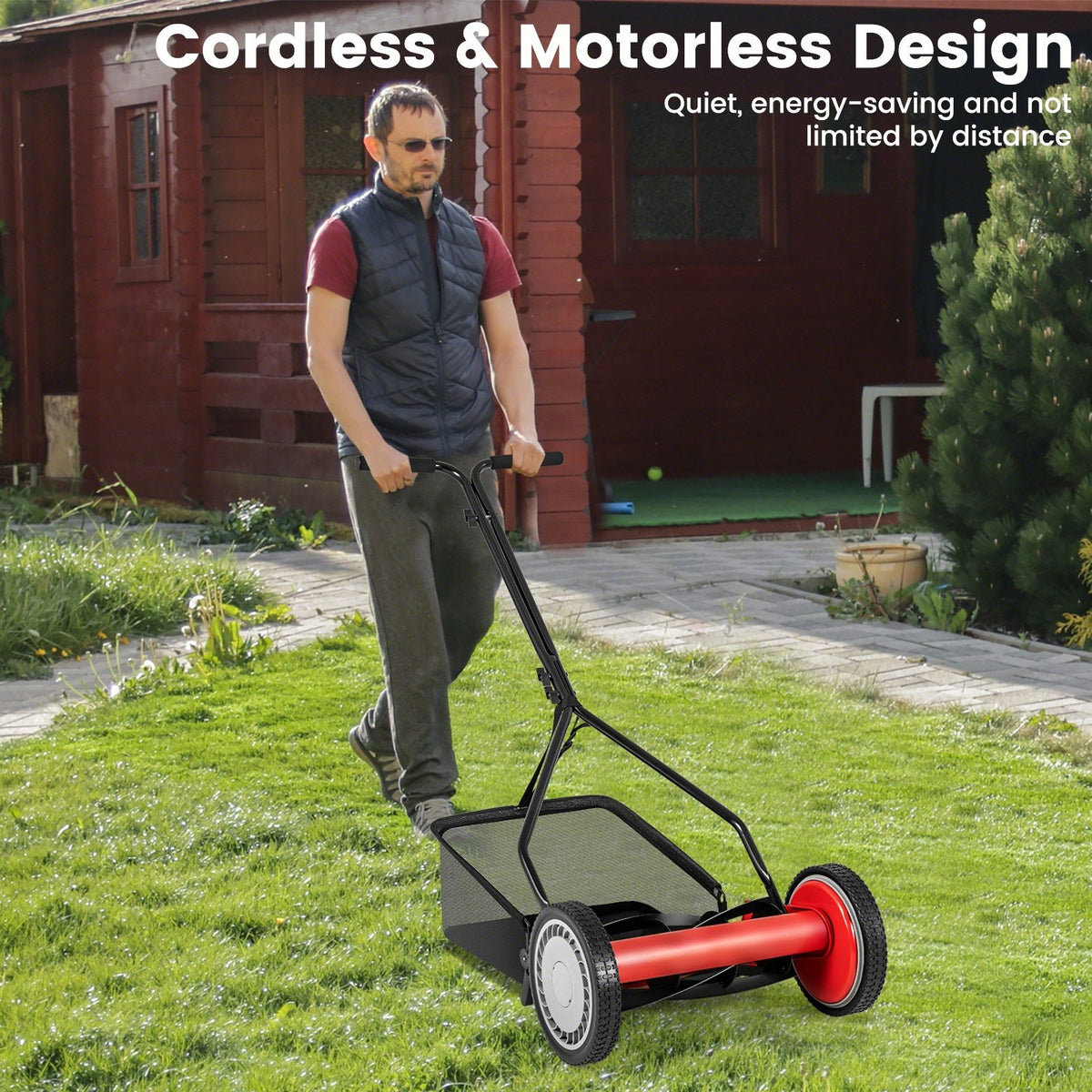 14 Inch Push Lawn Mower with 5 Steel Blades and Grass Catcher Bag-Red view 3