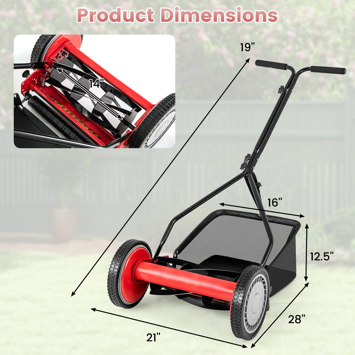 14 Inch Push Lawn Mower with 5 Steel Blades and Grass Catcher Bag-Red view 4