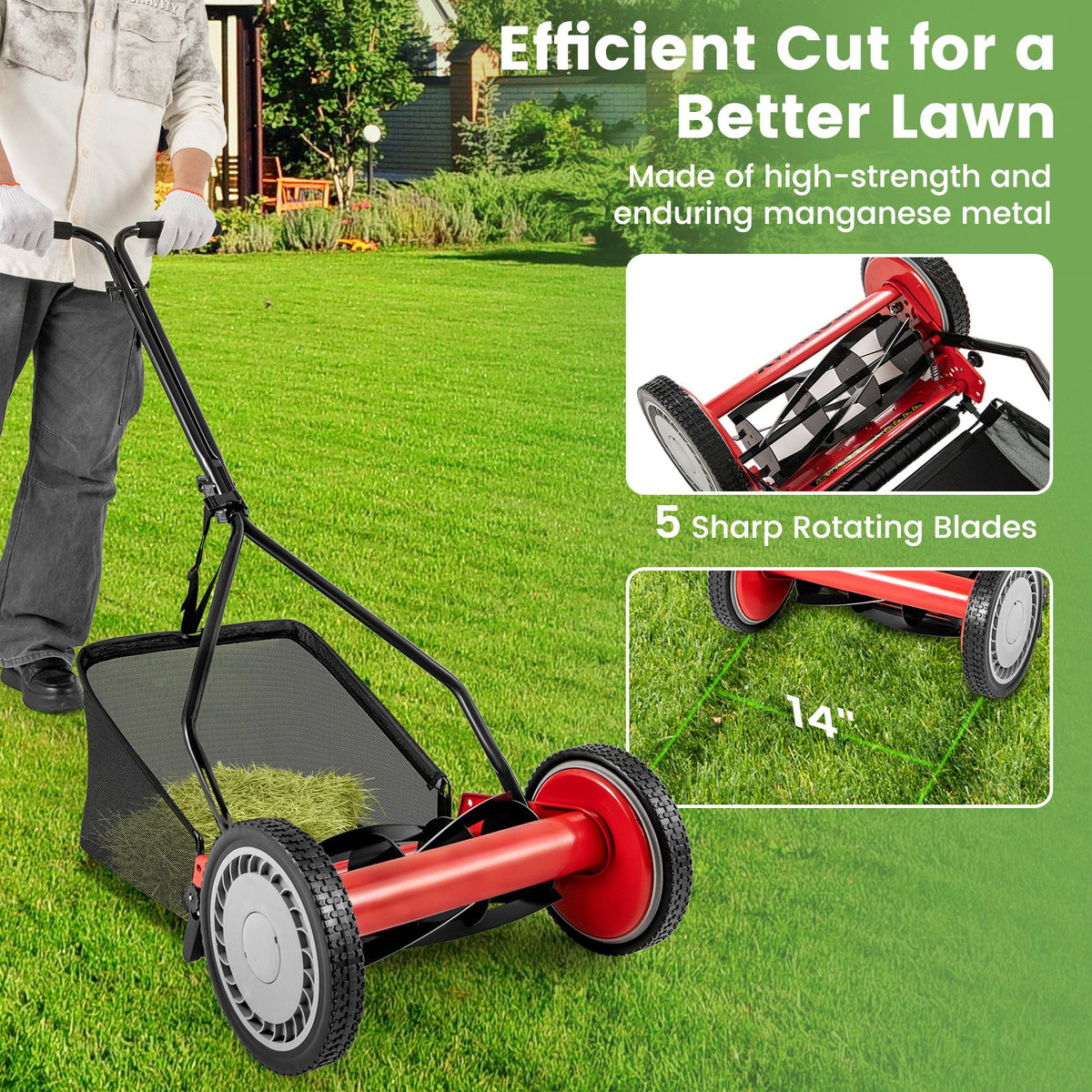 14 Inch Push Lawn Mower with 5 Steel Blades and Grass Catcher Bag-Red view 5