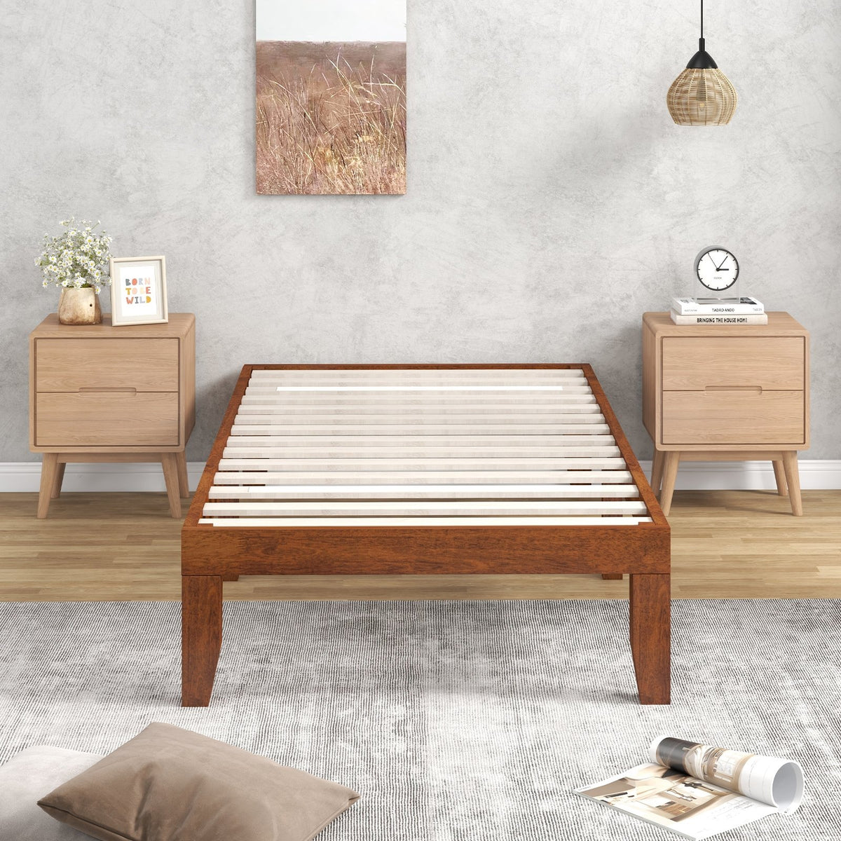 14 Inch Twin Size Rubber Wood Platform Bed Frame with Wood Slat Support-Walnut view 3