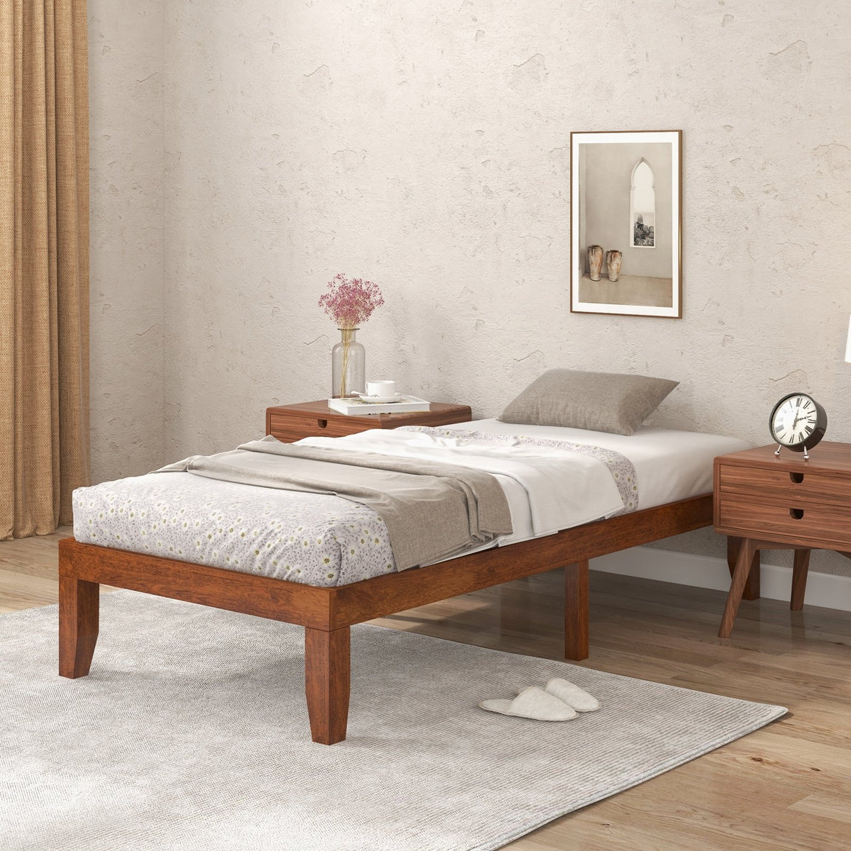 14 Inch Twin Size Rubber Wood Platform Bed Frame with Wood Slat Support-Walnut view 5