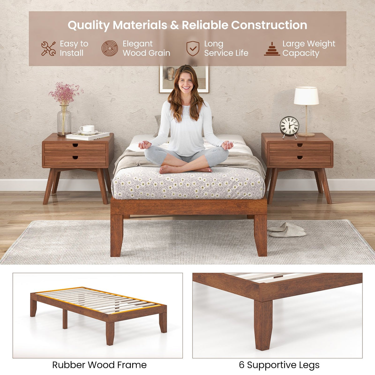 14 Inch Twin Size Rubber Wood Platform Bed Frame with Wood Slat Support-Walnut view 7