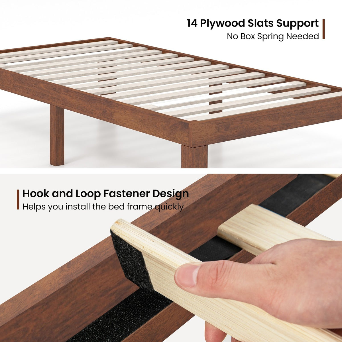 14 Inch Twin Size Rubber Wood Platform Bed Frame with Wood Slat Support-Walnut view 8