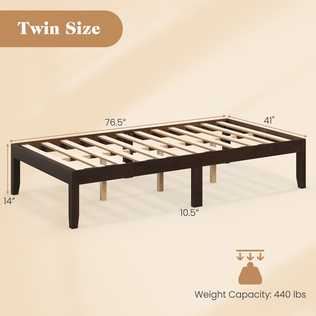 14 Inch Twin Wood Platform Bed Frame with Wooden Slats Support-Espresso view 4