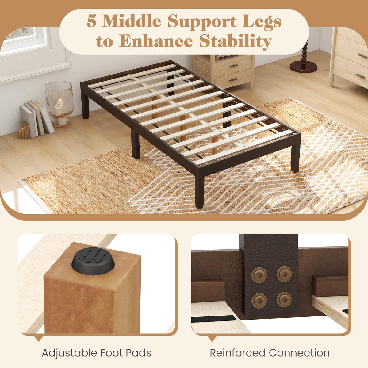 14 Inch Twin Wood Platform Bed Frame with Wooden Slats Support-Espresso view 7