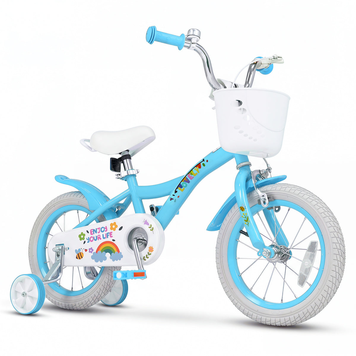 14 Inches Girls Bike for 3-5 Years Old with Training Wheels and Basket - Spring Party, Blue