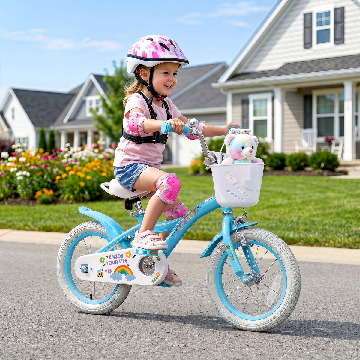 14 Inches Girls Bike for 3-5 Years Old with Training Wheels and Basket - Spring Party, Blue view 2