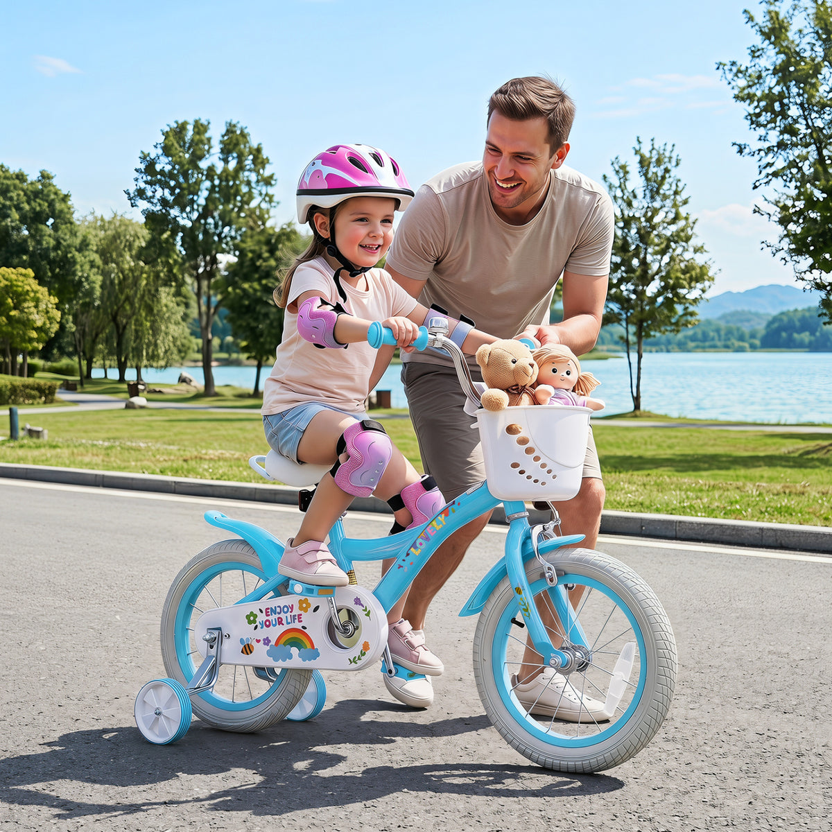 14 Inches Girls Bike for 3-5 Years Old with Training Wheels and Basket - Spring Party, Blue view 3