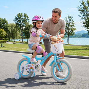 14 Inches Girls Bike for 3-5 Years Old with Training Wheels and Basket - Spring Party, Blue view 3