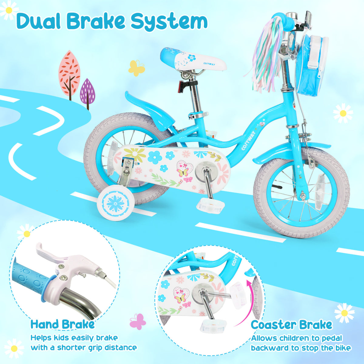14 Inches Girls Bike with Front Bag and Streamers for 3-5 Years Blue view 7