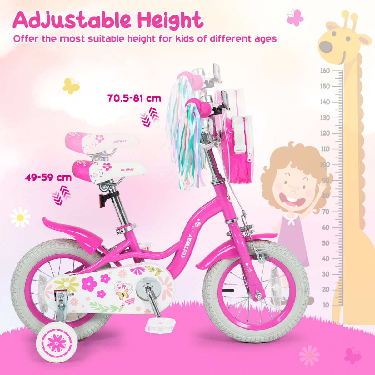 14 Inches Girls Bike with Front Bag and Streamers for 3-5 Years Pink view 6