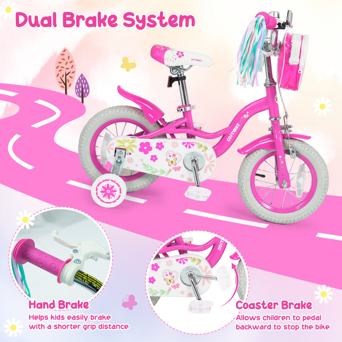 14 Inches Girls Bike with Front Bag and Streamers for 3-5 Years Pink view 7