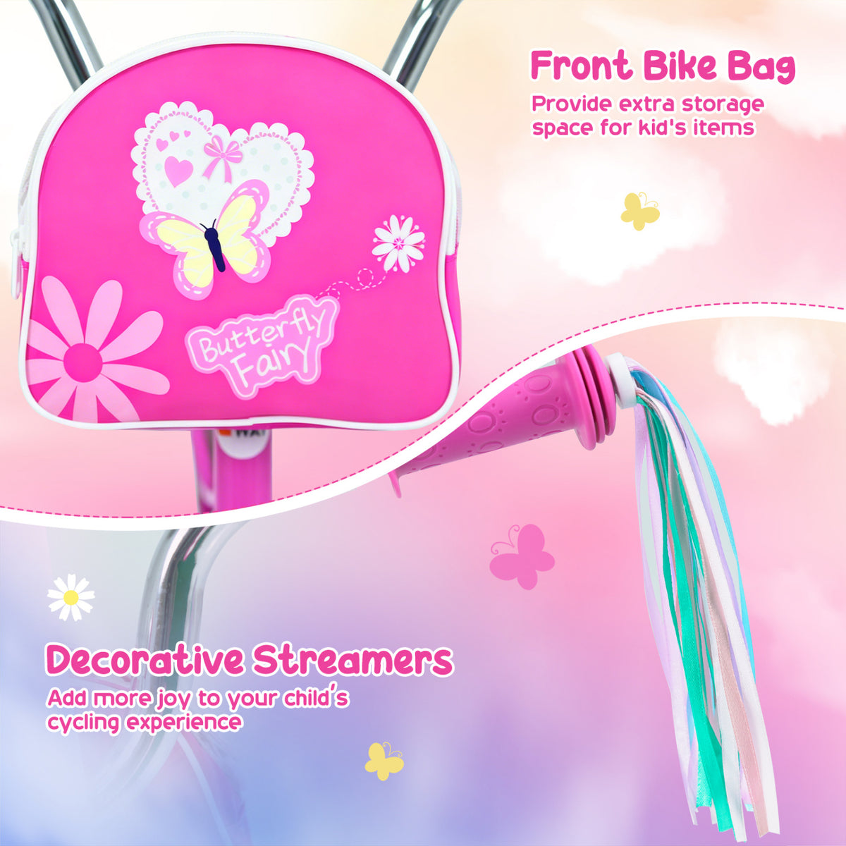 14 Inches Girls Bike with Front Bag and Streamers for 3-5 Years Pink view 8