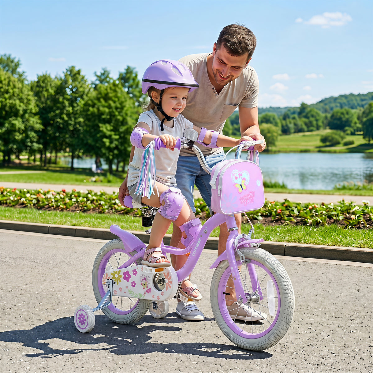 14 Inches Girls Bike with Front Bag and Streamers for 3-5 Years Purple view 2