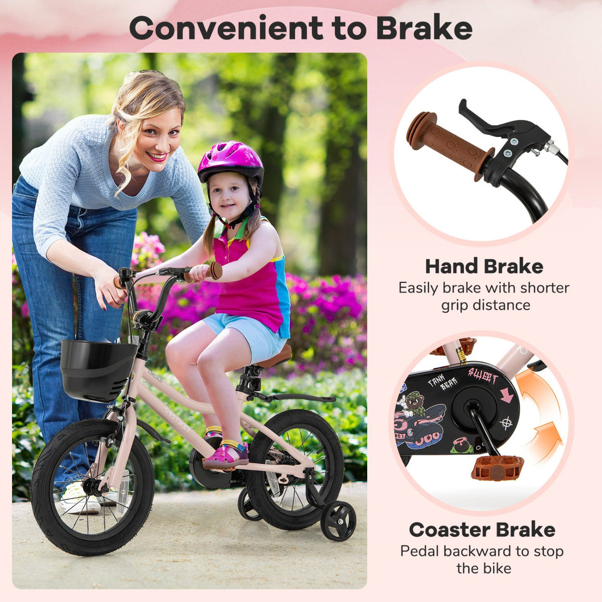 14 Inches Kids Bike with Basket and Adjustable Handlebar for 3-5 Years Old view 6