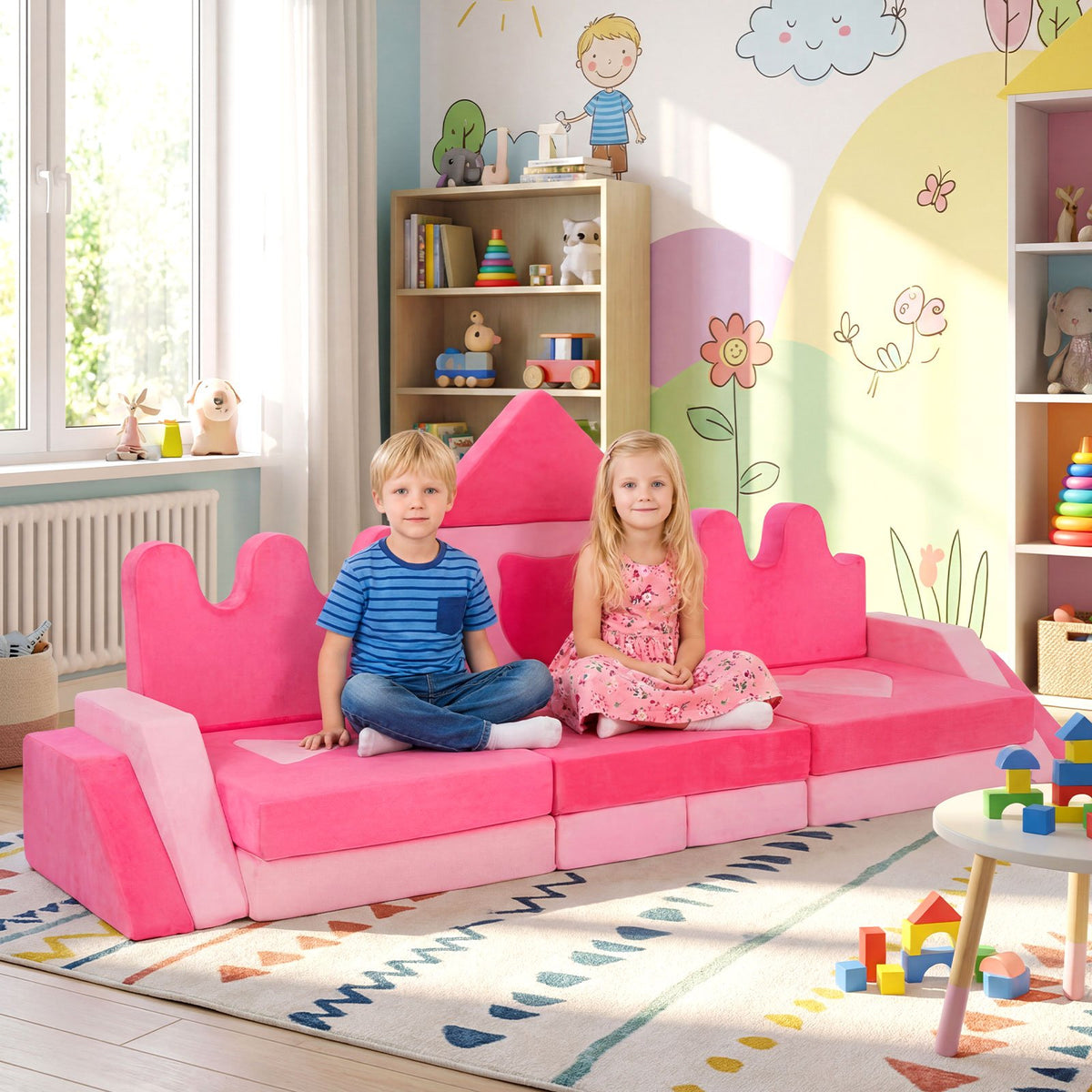14 Piece Kids Play Couch Modular Foam Climbing Blocks for Kids 3+ Years Old-Pink view 3