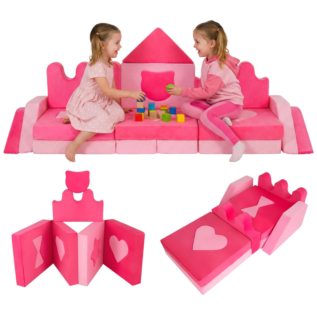 14 Piece Kids Play Couch Modular Foam Climbing Blocks for Kids 3+ Years Old-Pink view 4