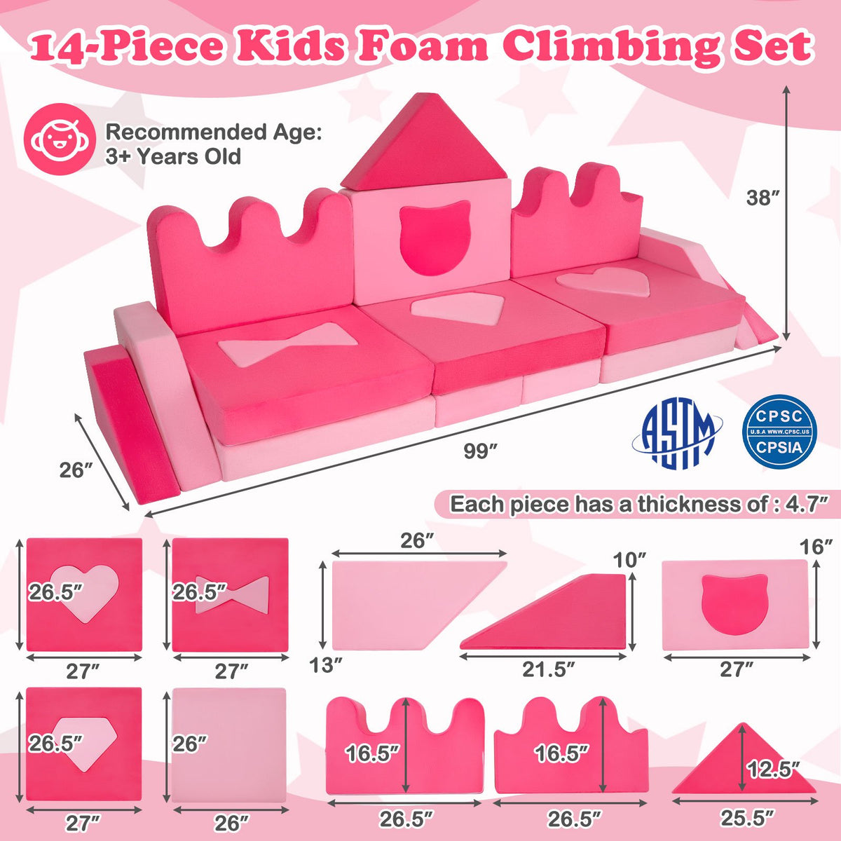 14 Piece Kids Play Couch Modular Foam Climbing Blocks for Kids 3+ Years Old-Pink view 5