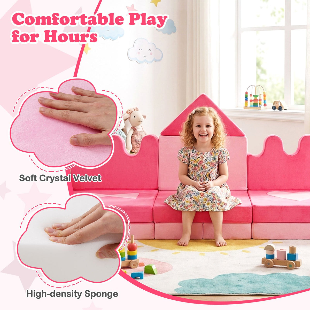 14 Piece Kids Play Couch Modular Foam Climbing Blocks for Kids 3+ Years Old-Pink view 6