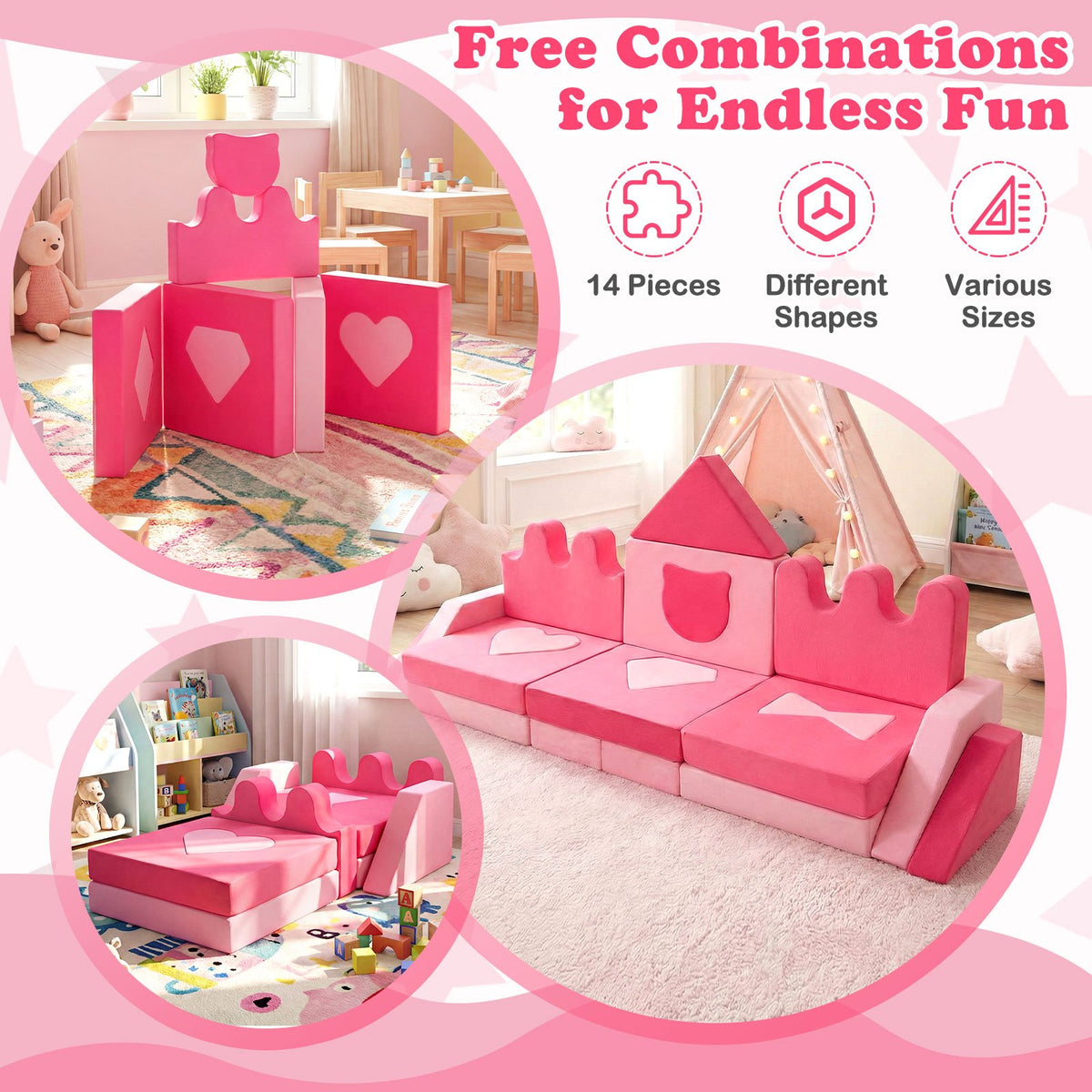 14 Piece Kids Play Couch Modular Foam Climbing Blocks for Kids 3+ Years Old-Pink view 7